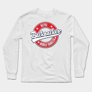 Nepal backpacker world traveler retro logo. Long Sleeve T-Shirt